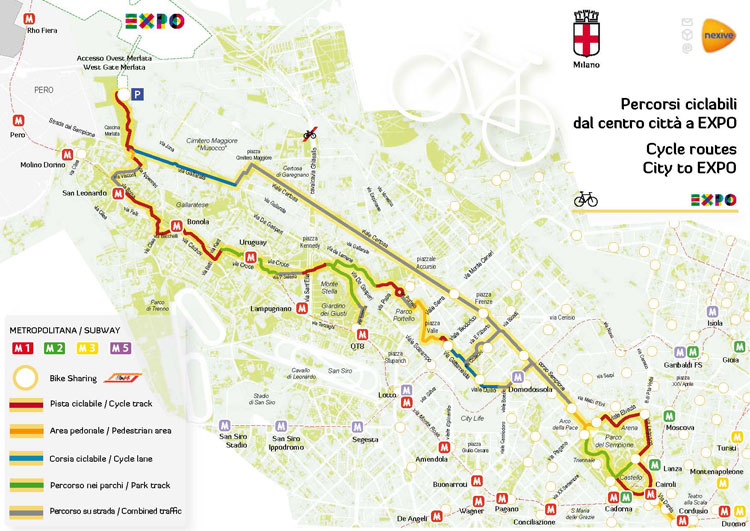 Una versione in miniatura della mappa con i percorsi ciclabili per arrivare a Expo 2015