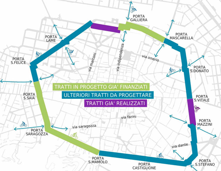 La cartina della Tangenziale delle Biciclette a Bologna