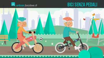 Nell'immagine due bambini che giocano sulla loro bici senza pedali, chiamata anche balance bike o push bike.