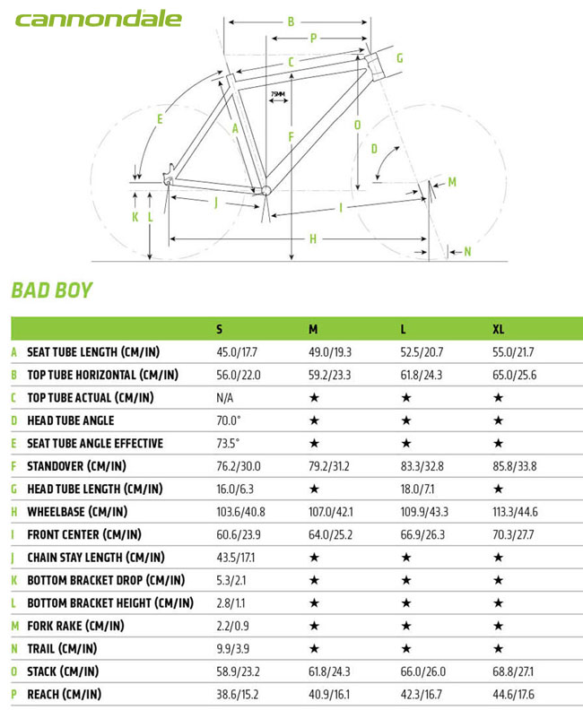 Le geometrie dei 4 modelli di biciclette urban Cannondale Bad Boy