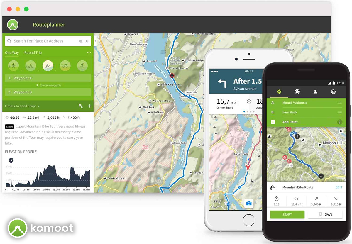 La schermata di un pc e di due smartphone con la mappa interattiva di komoot