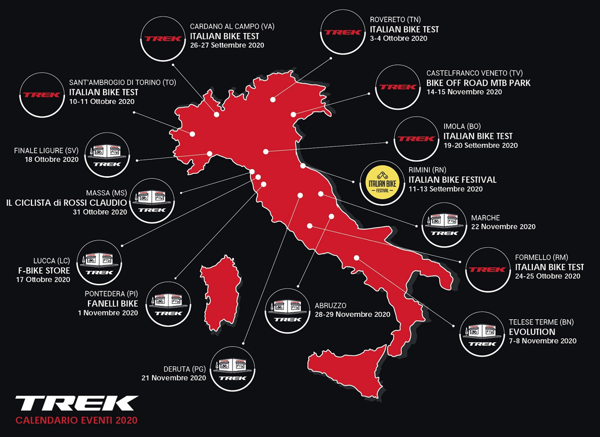 La cartina con le tappe del Trek Italian Demo Tour 2020