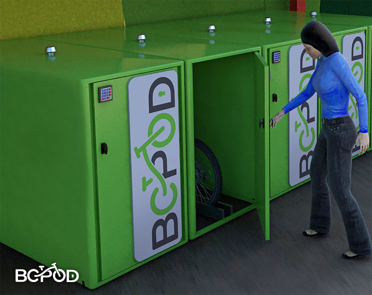 Un rendering di utilizzo del nuovo box BCPOD per parcheggiare in sicurezza le biciclette