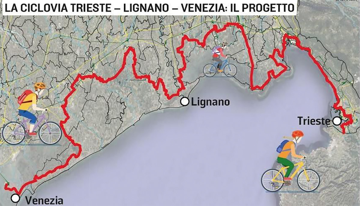 La mappa dell'itinerario delle nuova ciclovia Trieste Venezia