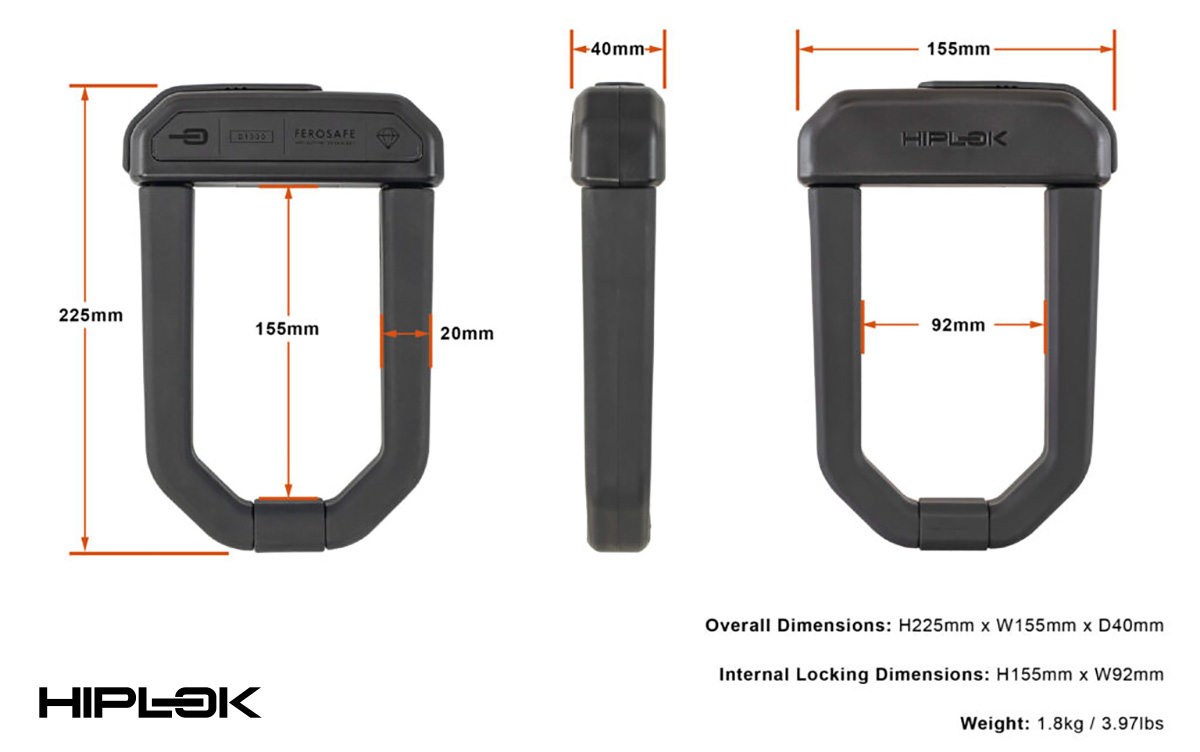 Un grafico riporta le dimensioni e il peso del nuovo lucchetto Hiplok D1000