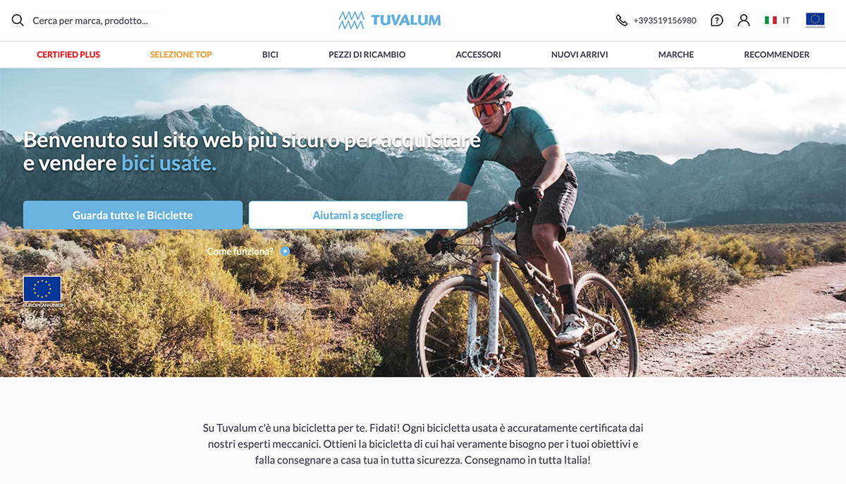 La homepage del nuovo marketplace per biciclette usate Tuvalum