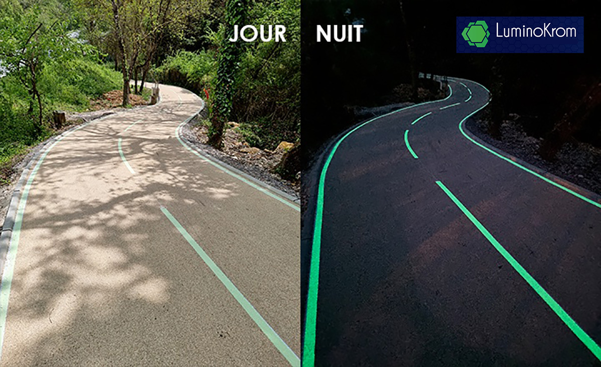 Un confronto tra una strada pitturata con Luminokrom di giorno e di notte