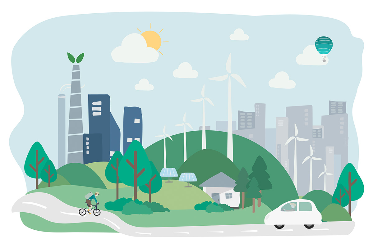 Illustrazione che raffigura il concetto di mobilità sostenibile e transizione ecologica