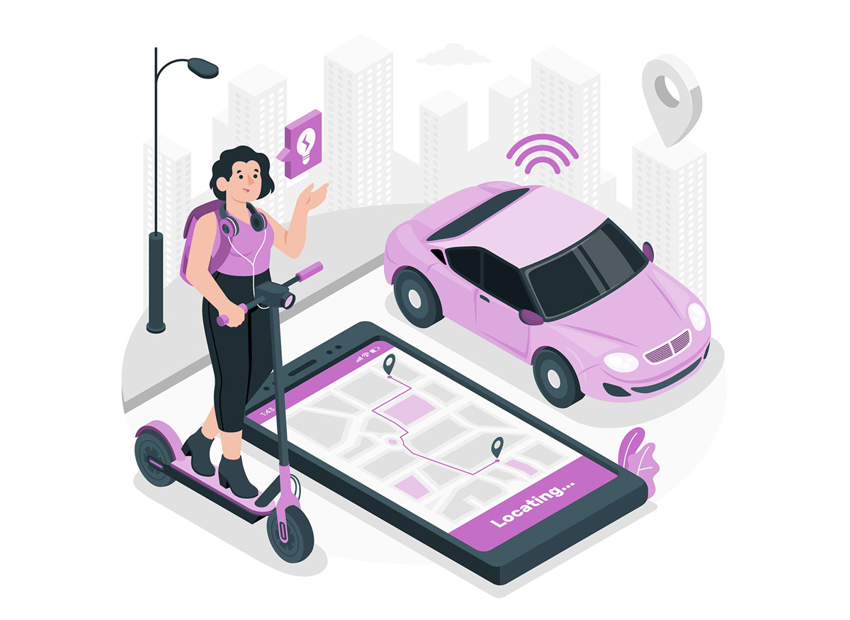 Un'illustrazione che mostra una ragazza utilizzare servizi di mobilità sharing