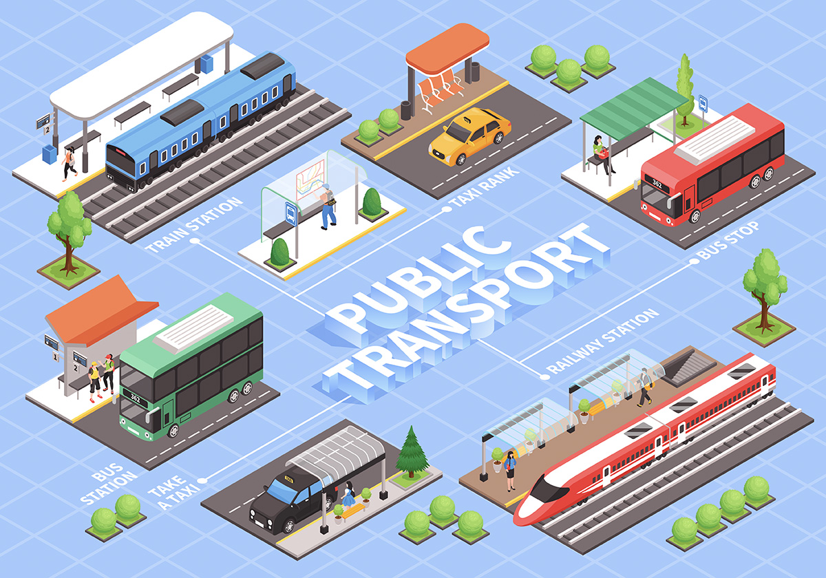 Un'illustrazione che mostra le varie ramificazione del trasporto pubblico