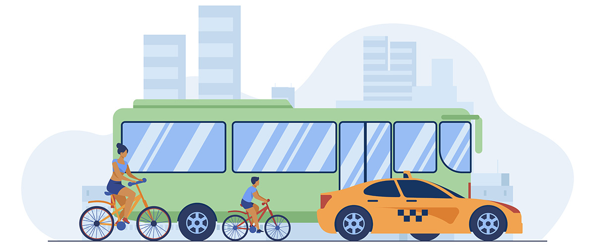 Un'illustrazione di un bus, un taxi e un ciclista