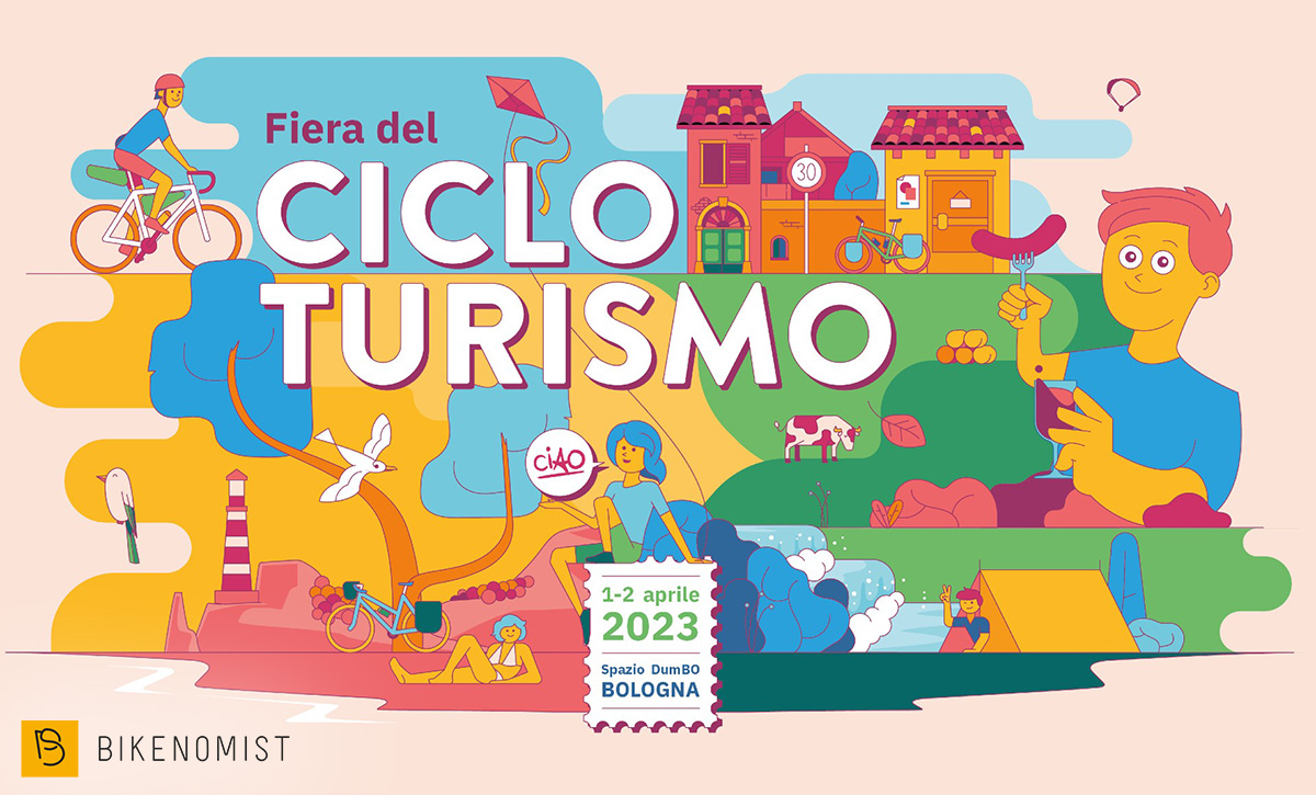 Il banner illustrato della nuova edizione della Fiera del Cicloturismo 2023 che si terrà a Bologna
